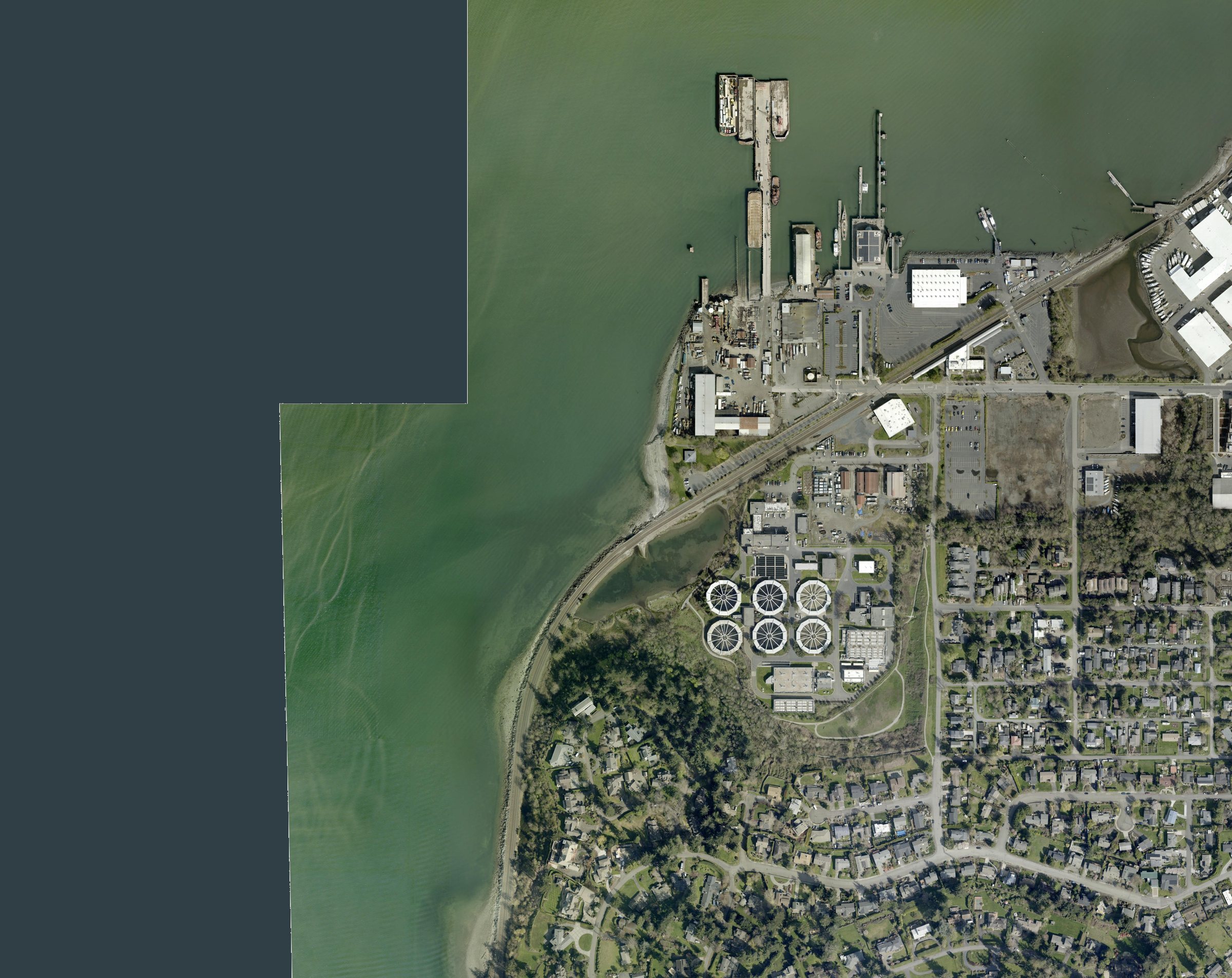 City aerial photo, 2022, of Post Point, the lagoon, Marine Park and Bellingham Bay